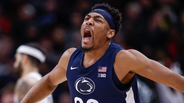 Penn State point guard Jalen Pickett celebrates a Nittany Lions victory in the Big Ten Tournament.